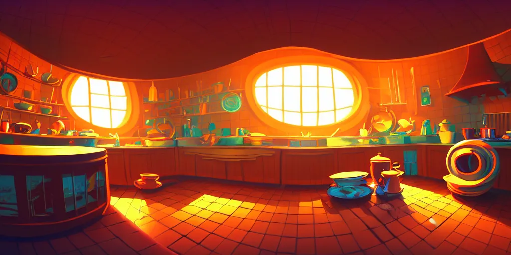 Prompt: spiral lines, naive nerikomi, weird perspective, extra narrow, detailed illustration of a kitchen dim lit by flashlight in a scenic spiral environment by rhads from lorax movie, trending artstation, true color, fisheye