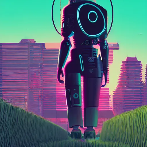 Image similar to a graph - style woman walking across a lush green field, a huge robot head in front of her, cyberpunk art by james gilleard, cgsociety, retrofuturism, synthwave, retrowave, outrun