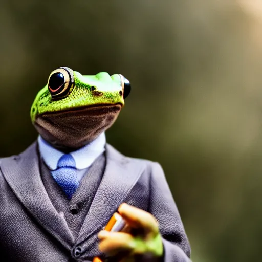 Image similar to a high detail closeup photograph of a 🐸 wearing a suit 👔,and smoking a cigarrette🚬, award wining photograph