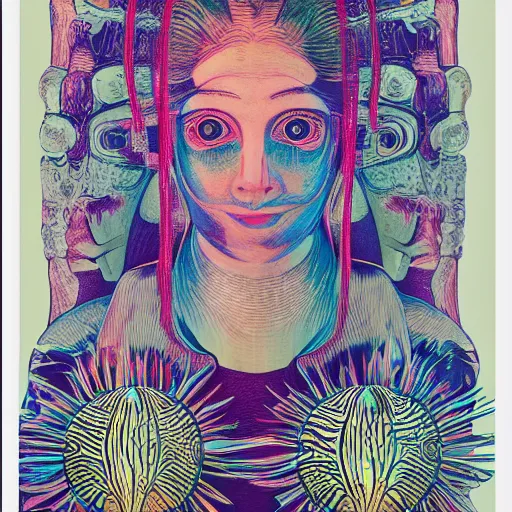 Image similar to a girl with huge shiny silver eyes, colored woodcut, poster art, by Mackintosh, art noveau, by Ernst Haeckel, bright pastel colors, 8k, octane render,