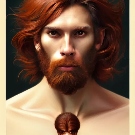 Image similar to portrait of a monkey with a humanoid face, male, handsome, masculine, full body, red hair, long hair, soft hair, fantasy, intricate, elegant, highly detailed, suit, coffee shop, digital painting, artstation, concept art, character art, smooth, sharp focus, illustration, art by artgerm and greg rutkowski and alphonse mucha