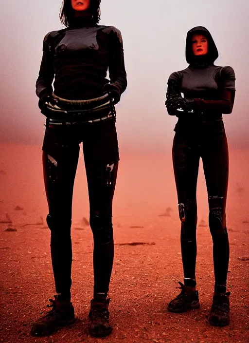 Image similar to cinestill 5 0 d photographic portrait of two loving female androids wearing rugged black techwear on a desolate plain with a red sky, extreme closeup, lizard on ground, cyberpunk style, in front of a brutalist dark metal facility, dust storm, 3 5 mm, f / 3 2, ultra realistic faces, 8 k, hd, high resolution