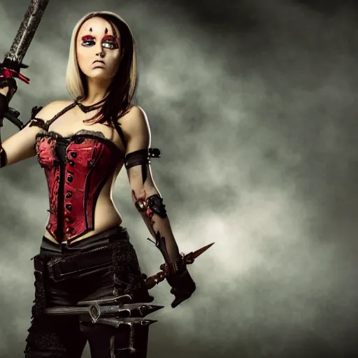 Prompt: photo of a female vampire warrior with weapons, highly detailed