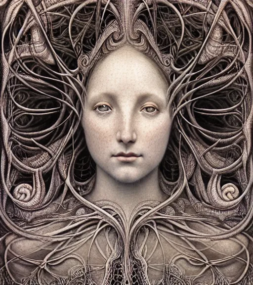 Image similar to detailed realistic beautiful day goddess face portrait by jean delville, gustave dore, iris van herpen and marco mazzoni, art forms of nature by ernst haeckel, art nouveau, symbolist, visionary, gothic, neo - gothic, pre - raphaelite, fractal lace, intricate alien botanicals, ai biodiversity, surreality, hyperdetailed ultrasharp octane render