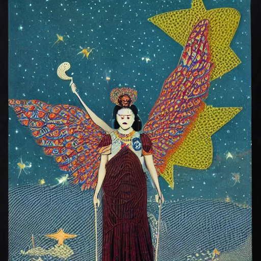 Image similar to perspective pointillism, manichaean artwork by frank stella, by ravi zupa. a experimental art of a woman with wings made of stars, surrounded by a blue & white night sky. the woman is holding a staff in one hand, & a star in the other. she is wearing a billowing dress, & her hair is blowing in the wind.