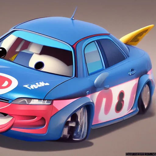 Prompt: very cute, disney pixar Cars character concept artwork, Denim Blue Audi A4 B6, 3d concept, high detail iconic character for upcoming film, 8k octane render, unreal engine