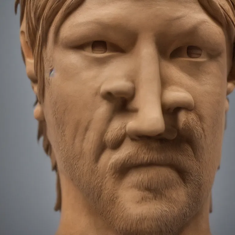 Image similar to enormous geometric minimalist accurate figurative sculpture of norman reedus pointing his finger, beautiful symmetrical!! face accurate face detailed face realistic proportions, hand - carved out of mahogany wood on a pedestal by stephan balkenhol and martin puryear, cinematic lighting shocking detail 8 k