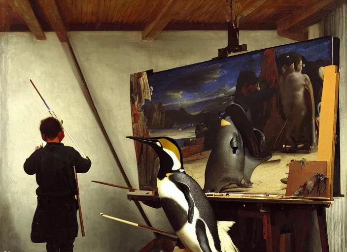 Prompt: a young painter in his studio painting a picture of a penguin, by edgar maxence and caravaggio and michael whelan and delacroix style, artistic, intricate drawing, cinematic lighting, hyper realistic, extremely detailed, establishing shot, 8 k resolution, dramatic lighting