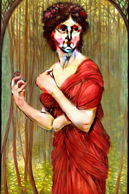 Prompt: portrait of a realistic ethereal woman with big eyes and a glowing face, wearing a red dress in the forest at night, in the style of john william godward and alphonse mucha, intricate details, colorful, high detail, 8 k, art nouveau, face symmetry, masterpiece, sharp focus