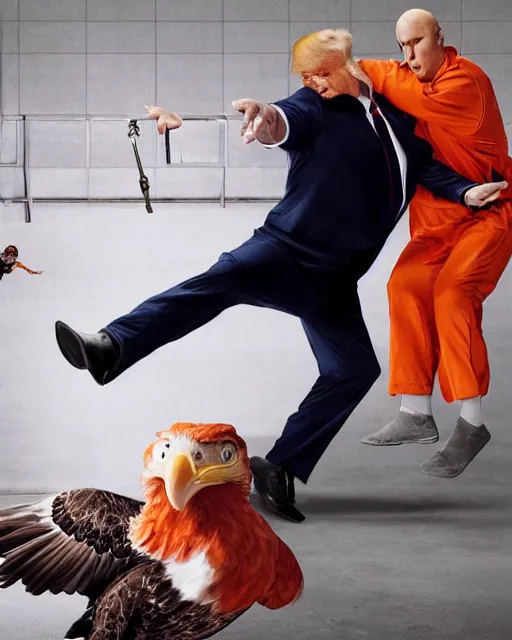 Image similar to Medium shot photo of scared Donald Trump in prison jail wearing orange pajamas with an American bald eagle attacking him, Annie Leibowitz, octane, action, dramatic lighting, editorial photo, 35mm, very detailed