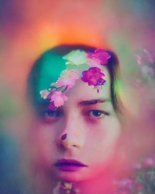 Image similar to oversaturated, burned, light leak, expired film, photo of a girl's serene face surrounded by multicolored flowers