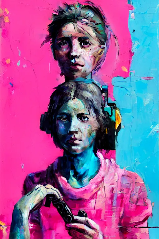 Image similar to portrait of a beautiful postacoliptic girl that has lived trough war and has seen death, in the colors hot pink and cyan, beautiful face, rule of thirds, complex outfit, with gadgets and guns build from scrap and junk metal, spotlight, by greg rutkowski, by jeremy mann, by francoise nielly, by van gogh, digital painting