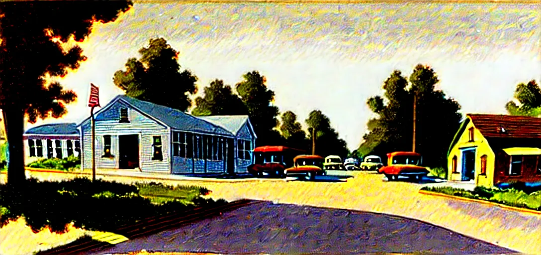 Image similar to concept art of a small rural town in middle America in the 1960s, detailed, Americana, golden hour