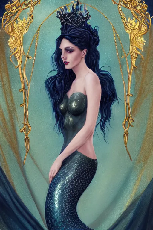 Image similar to a beautiful dark androgynous mermaid, pinup pose, long hair, tall and thin, wearing dozens of pendants and a gown of gold, small delicate crown of the sea on her head, illustration, dramatic lighting, Nocturne, soft details, painting oil on canvas, (art nouveau), octane render, HDR, 4k, 8k, HD, CGSociety, Artstation, by Brom, Charlie Bowater, faces by otto schmidt