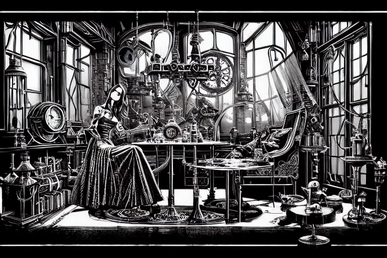 Prompt: steampunk alchemist wizard table with ornate lags, furniture, high details, bold line art, by vincent di fate and joe fenton, inking, etching, screen print, masterpiece, trending on artstation, sharp, high contrast, hyper - detailed,, hd, 4 k, 8 k