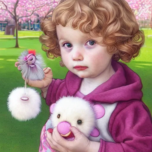 Image similar to a beautiful little blonde toddler girl with short curly hair at the park on a beautiful day in the shade, holding a round all-pink stuffed penguin, by Dan Mumford, Junji Murakami, Mucha Klimt, Hiroshi Yoshida and Craig Mullins, featured on Artstation, CGSociety, Behance HD, Deviantart