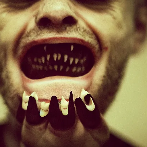 Prompt: scary man with long sharp teeth and finger nails, nightmare, horror, scary, high quality, high resolution