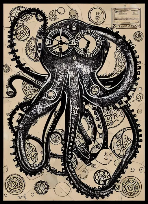 Image similar to steampunk clockwork robotic octopus, hand drawn illustration, old - fashioned poster style, highly detailed vector art