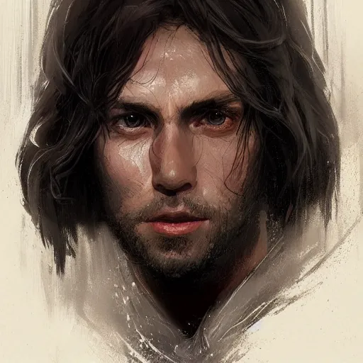 Image similar to portrait of a man by greg rutkowski, british features, messy black long hair, black robes, star wars expanded universe, he is about 2 0 years old, wearing jedi robes, highly detailed portrait, digital painting, artstation, concept art, smooth, sharp foccus ilustration, artstation hq