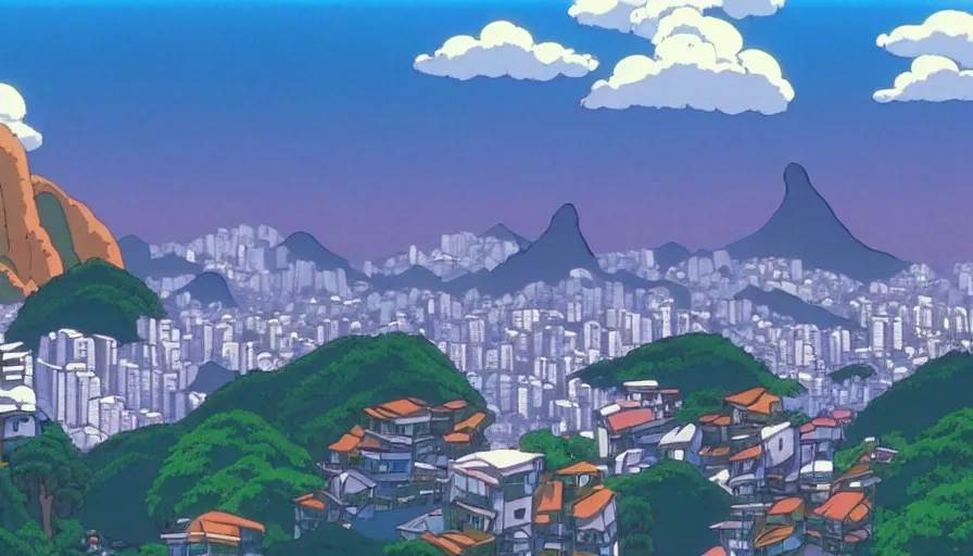 Image similar to 1 9 8 6 movie screencap of rio de janeiro, studio ghibli sky, beautiful favela background extremely utra high quality artwork 8 k