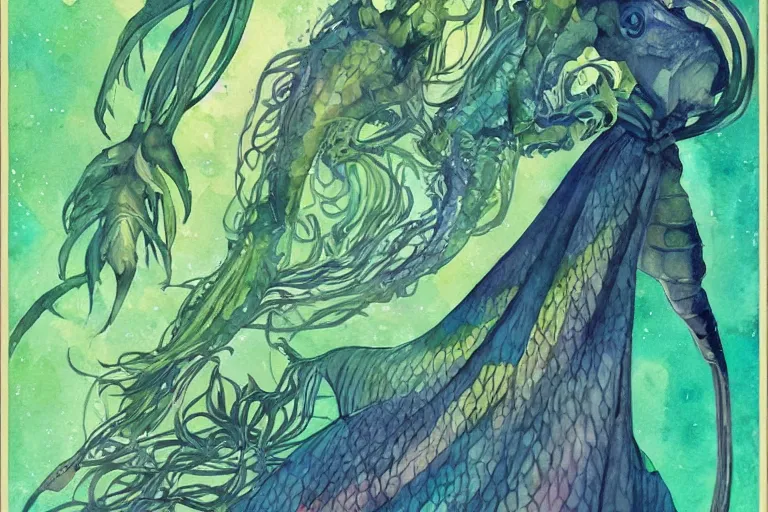 Prompt: watercolor artwork of exotic, elegant underwater tropical prints of the creatures of atlantis : : green, art nouveau, trending on artstation