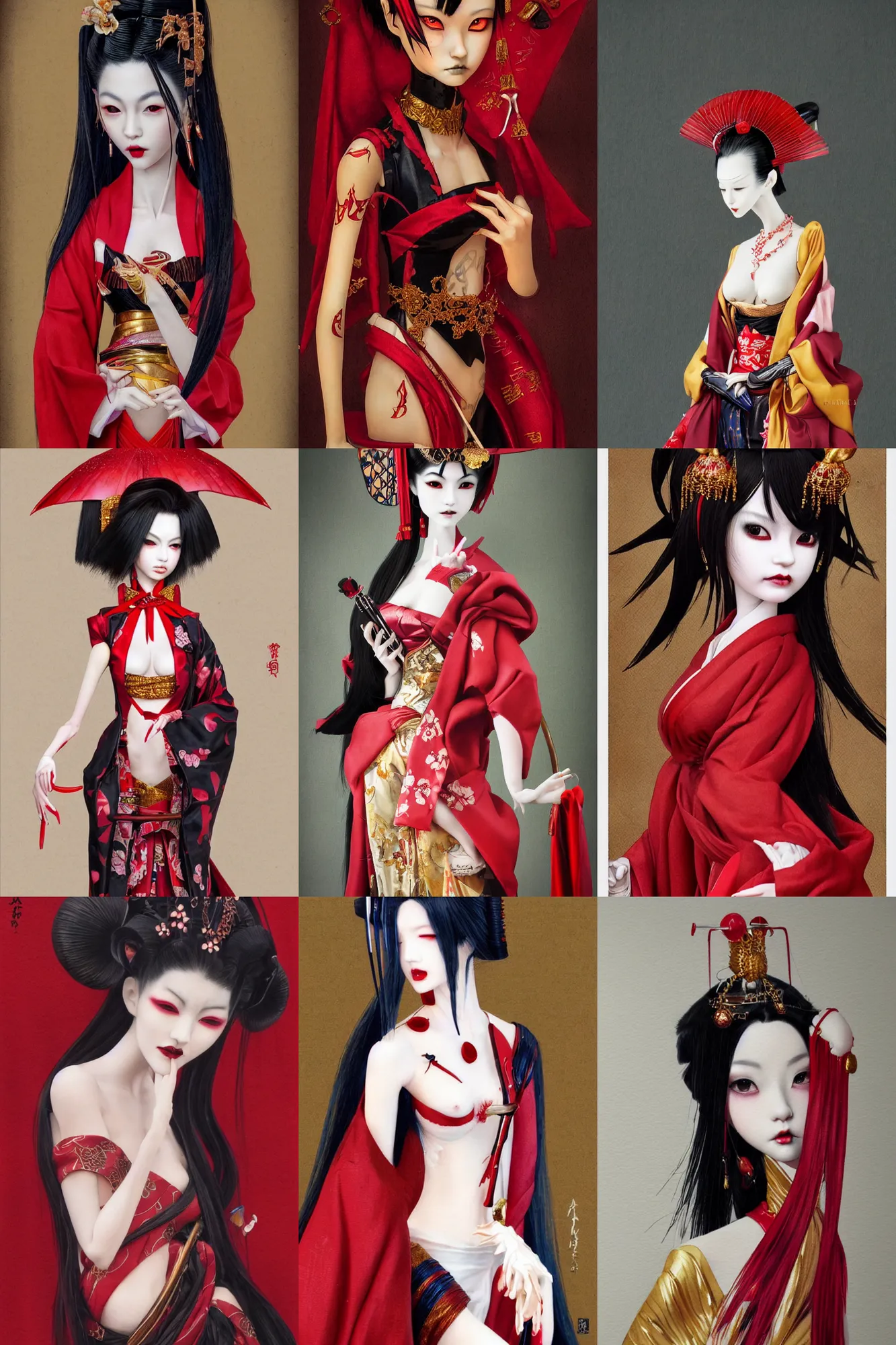 Prompt: watercolor painting of a japanese bjd geisha vampire with a long neck by hajime sorayama, irakli nadar, amy sol, dark - fantasy background, red, gold, black, artgerm