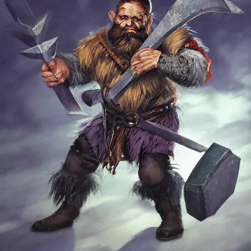 Image similar to a fantasy comic book style portrait painting of a dwarf berserker swinging axes, octane render, hyperreal