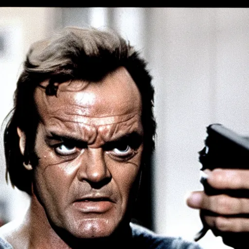 Prompt: Jack Nicholson plays Terminator, shooting from a gun, film still