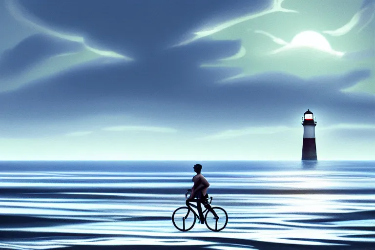 Image similar to photo of man riding a bicycle along the beach, glowing underwater toward a lighthouse in the distance, silhouette, wide horizon, large white clouds, intricate, elegant, highly detailed, digital painting, artstation, concept art, smooth, sharp focus, illustration, art by artgerm and greg rutkowski and fra angelico