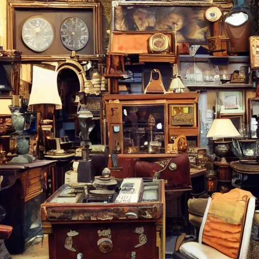 Prompt: an antique shop in the distant future selling technology from the current time