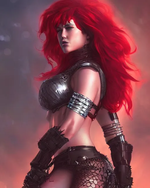 Prompt: a stunning portrait of red sonja as a cyberpunk princess, digital art by artgerm and ross tran and angel ganev, medium shot, highly detailed, trending on artstationhq