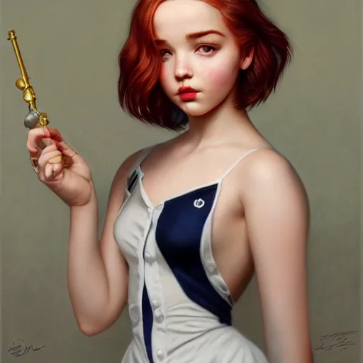 Prompt: tom bagshaw portrait, very beautiful mix of dove cameron madison beer bella poarch in a sailor suit, short thin redhead, professionally retouched, focus eyes, ultra realistic soft painting, insanely detailed linework, symmetrical accurate intricate features, behance artstation, 8 k, - signature