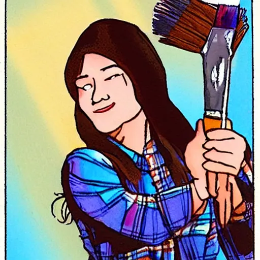 Image similar to cute girl wearing plaid and blue jean rolled up to her knees, she has her hand on a very large paint brush, modern cartoon trading card,