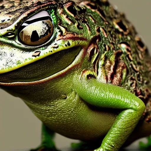 Image similar to hyperrealistic image of bullfrog, by thomas eakes & xiang duan & mike judge, perfect symmetry, dim volumetric lighting, photorealistic, 8 k octane beautifully detailed render, post - processing, extremely hyper - detailed, intricate, epic composition, lifelike attributes, cinematic lighting, masterpiece, trending on artstation, very very detailed, stunning,