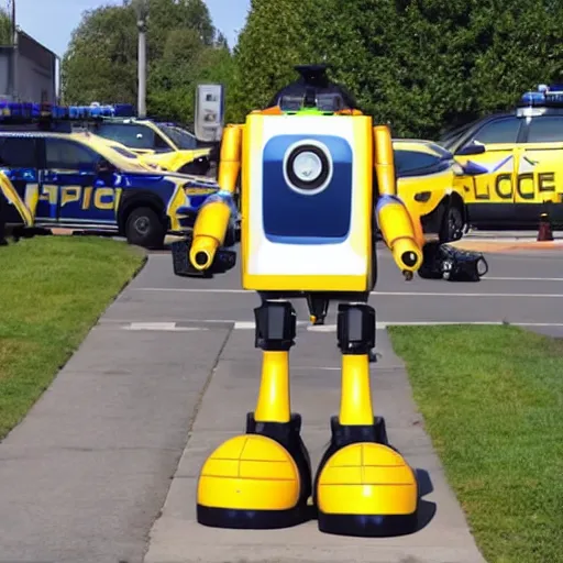 Prompt: giant duck shaped robot surrounded by police cars