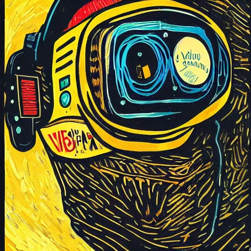 Image similar to Illustrated by Shepard Fairey and H.R. Geiger | Cyberpunk VAn Gogh with VR helmet, surrounded by cables