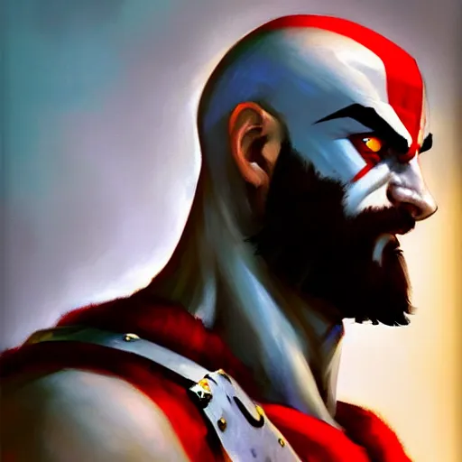 Image similar to Greg Manchess portrait painting of Kratos as Overwatch character, medium shot, asymmetrical, profile picture, Organic Painting, sunny day, Matte Painting, bold shapes, hard edges, street art, trending on artstation, by Huang Guangjian and Gil Elvgren and Sachin Teng