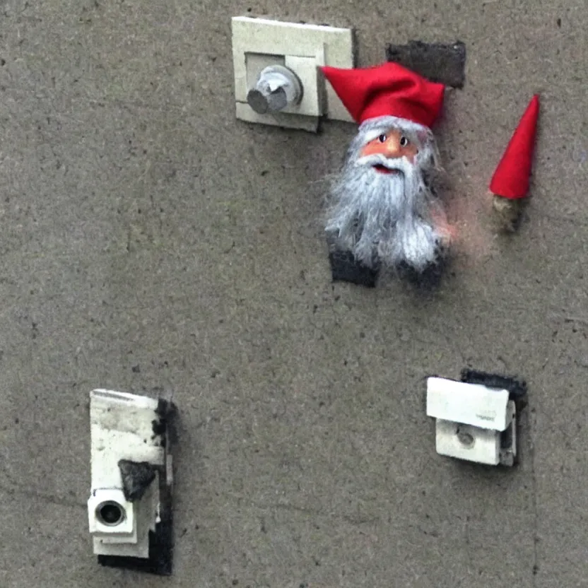 Prompt: cctv footage of a live gnome stealing a socket