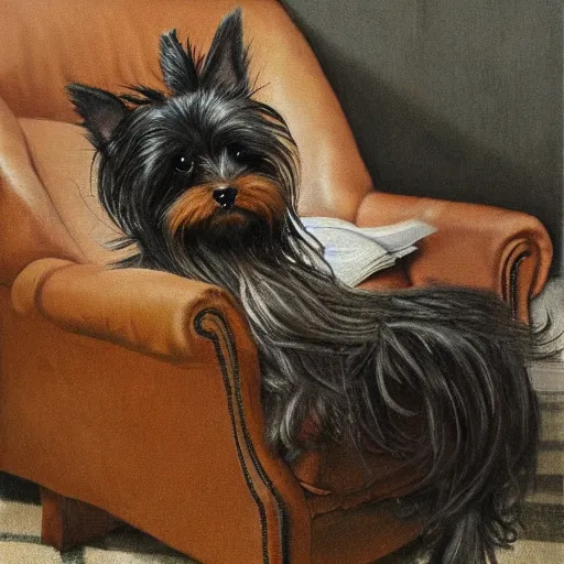 Image similar to an old happy brown and gray Yorkshire terrier dog lounging in a leather chair, long hair, extremely detailed masterpiece, illustration, by Michael Sowa,