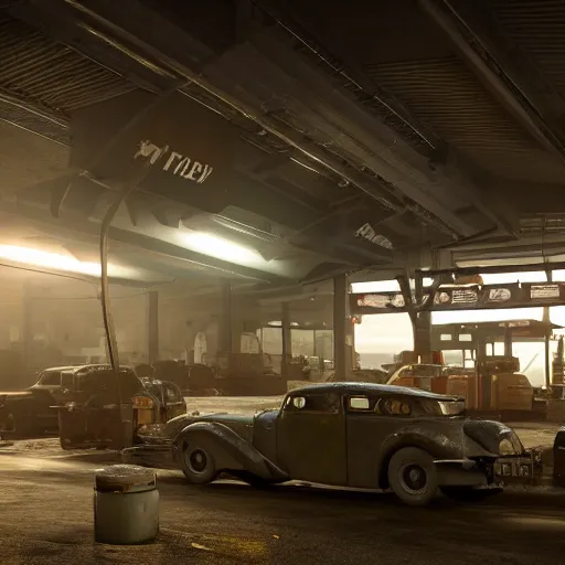 Prompt: dieselpunk fuel station, dirty cinematic scene, ultra realistic details, 8 k
