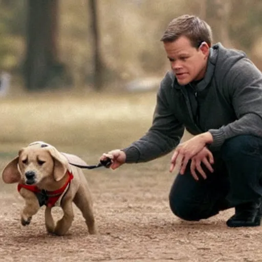 Image similar to matt damon as a dog movie still