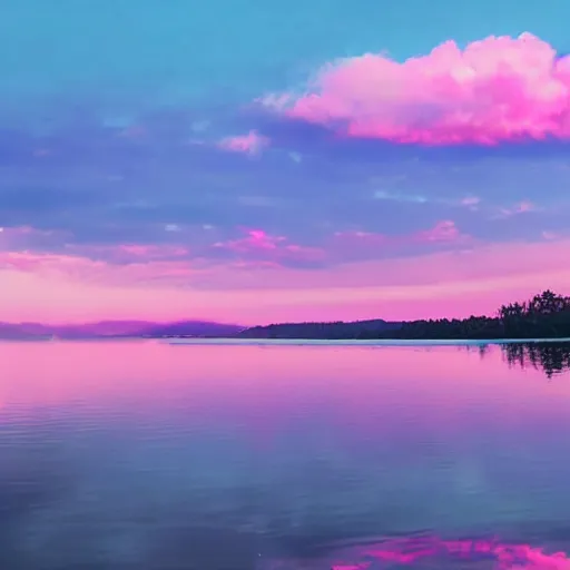 Image similar to dusk with pink and lavender sky with light pink clouds on a lake reflecting the pink sky dreamland