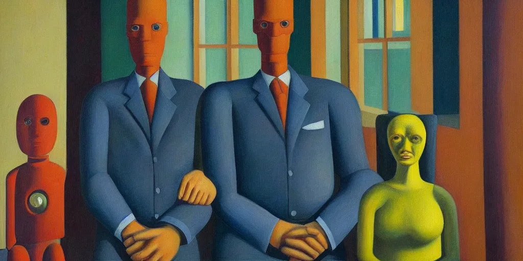 Image similar to super - intelligent robot with kind eyes portrait, grant wood, pj crook, edward hopper, oil on canvas