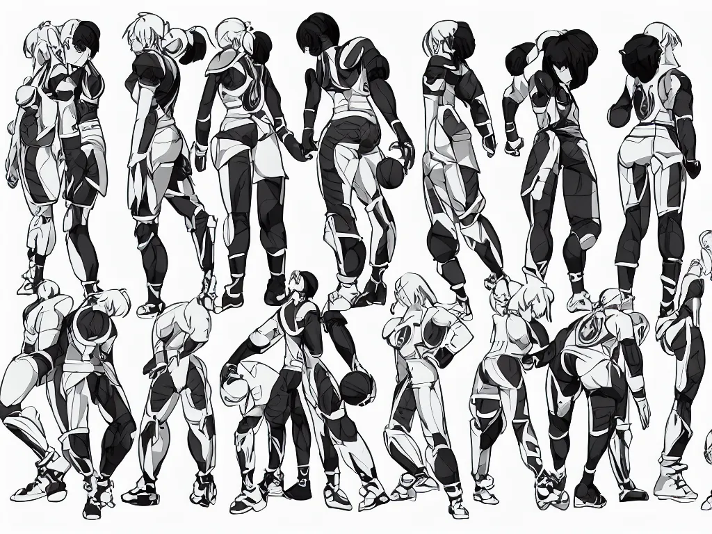 Prompt: anime model sheet of a cyborg basketball player by studio trigger, front view, side view, 3/4 view, back view, expressions