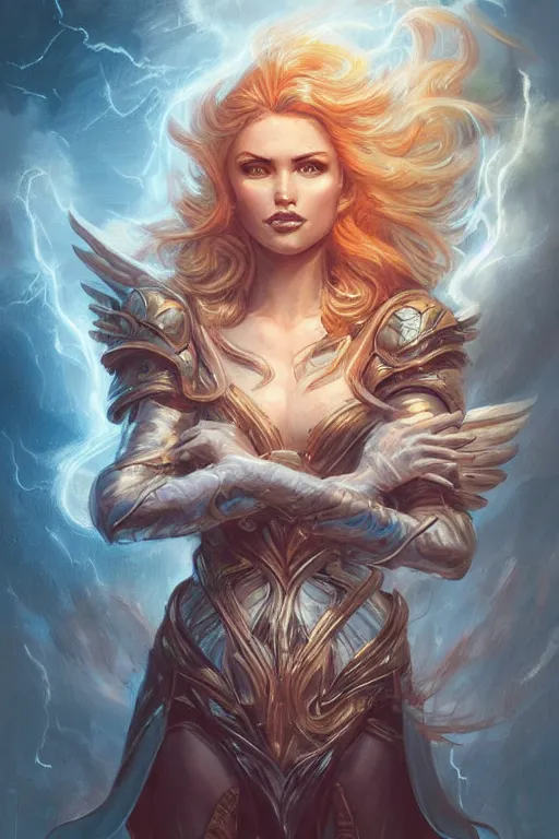 Prompt: head and shoulders portrait photo of a beautiful female paladin angel, blowing hair, thunderstorm, lightning, d & d, high fantasy, by peter mohrbacher, face detail, extremely detailed, comic book cover photo