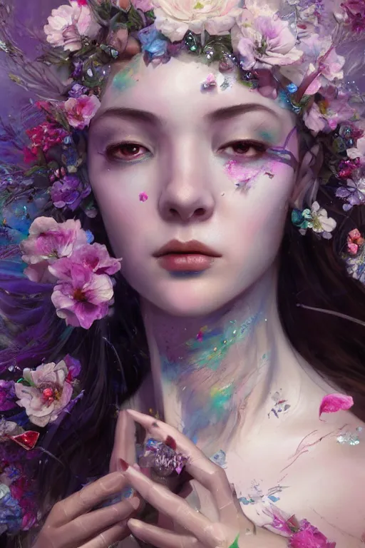 Prompt: face closeup covered with abstract flowers of extremely beautiful girl necromancer, magical fairy flowers and ice velvet, diamonds, angels, 3 d render, hyper - realistic detailed portrait, holding fire and electricity rainbow, ruan jia, wlop. scifi, fantasy, magic the gathering, hyper detailed, octane render, concept art, peter mohrbacher