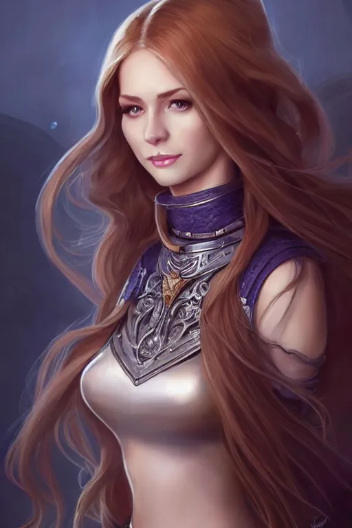 Image similar to a full body portrait of a gorgeous female paladin, D&D, choker on neck, stylish dress, very long flowing hair, intricate, elegant, stylish, cute slightly nerdy smile, mouth slightly open, fantasy, highly detailed, digital painting, artstation, concept art, smooth, sharp focus, illustration, art by artgerm and greg rutkowski and alphonse mucha