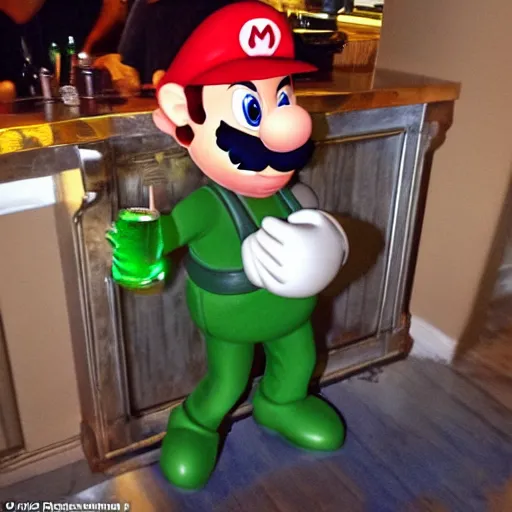 Prompt: luigi from super mario hanging at the bar and getting drunk with the boys, holding a large beer