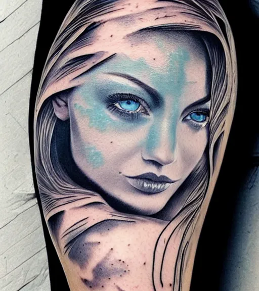 Image similar to tattoo design sketch of a beautiful blue - eyed woman face with a faded background of beautiful mountains and nature on her side, hyper - realistic, in the style of den yakovlev, amazing detail, black and white