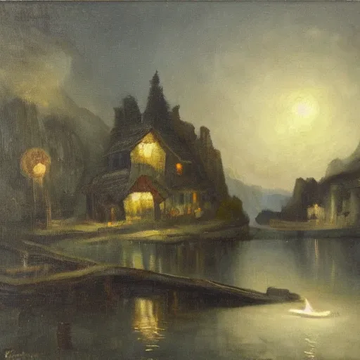 Image similar to a lamplit village on the coast of a lake, deep underground oil on canvas